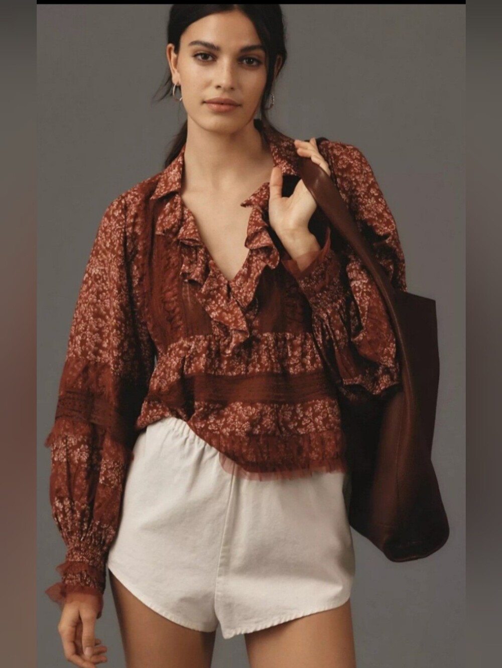 Anthropologoe Brown Ruffled V-Neck Cropped Popover Blouse With Lace Detailing